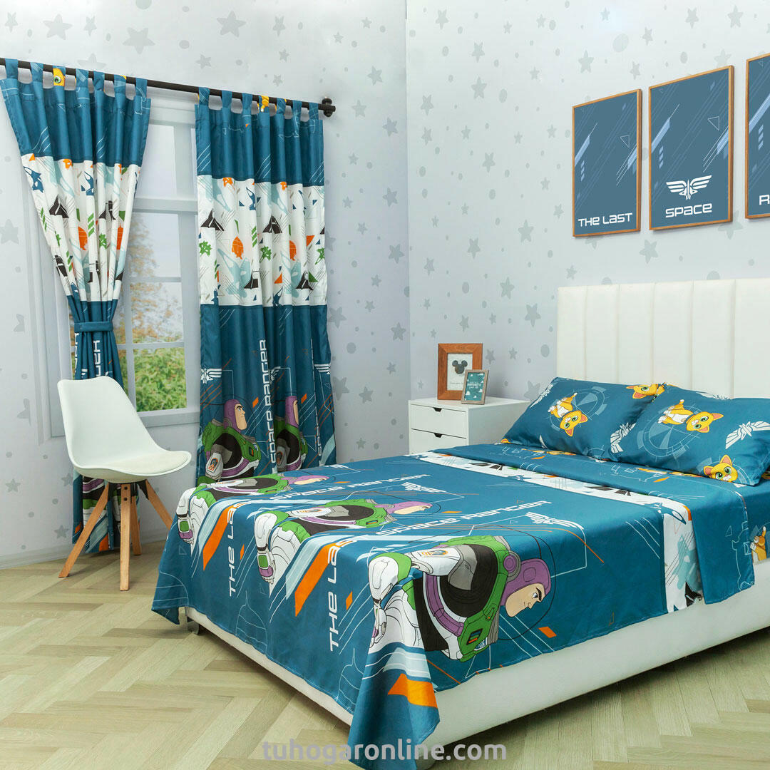 Juego De Sábana Con Cortinas Cama Doble Disney Lightyear Sox Azul Estampados Animados