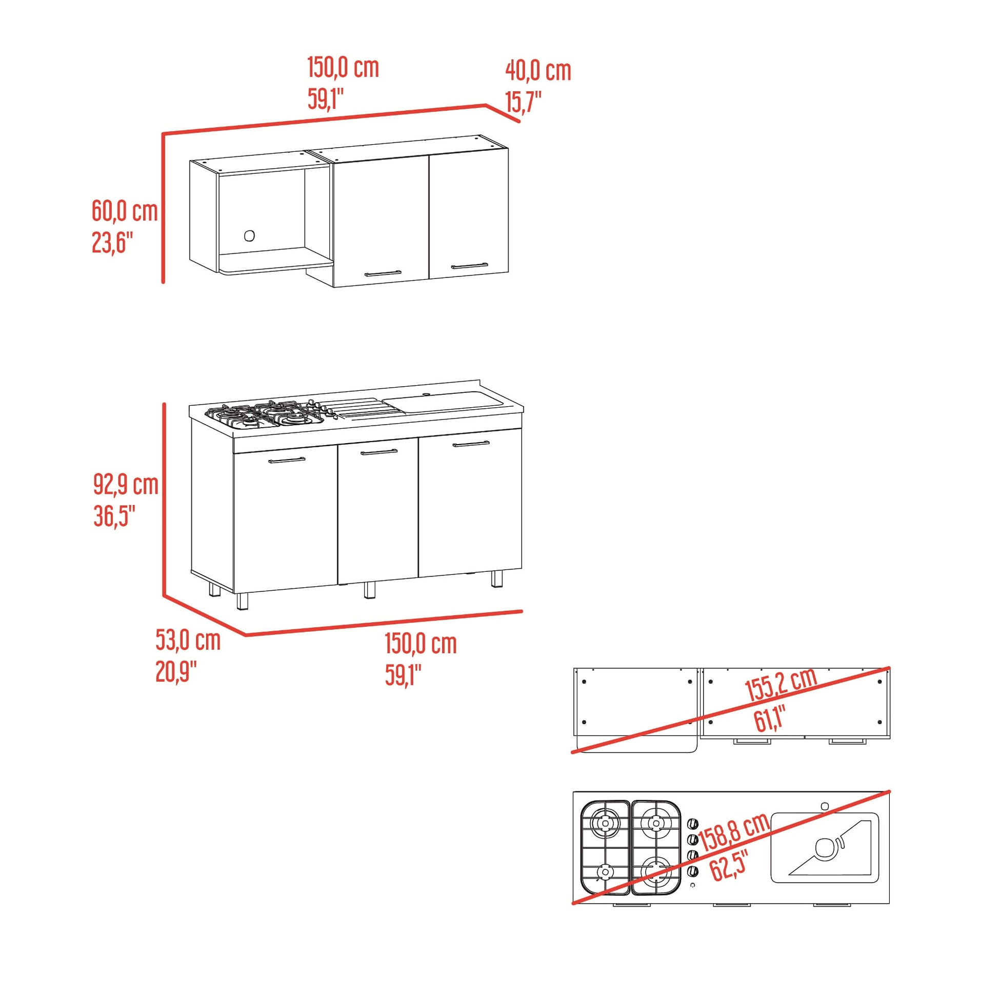Cocina Miro 150 Derecho 60X150X40 Rta Blanco Fresno