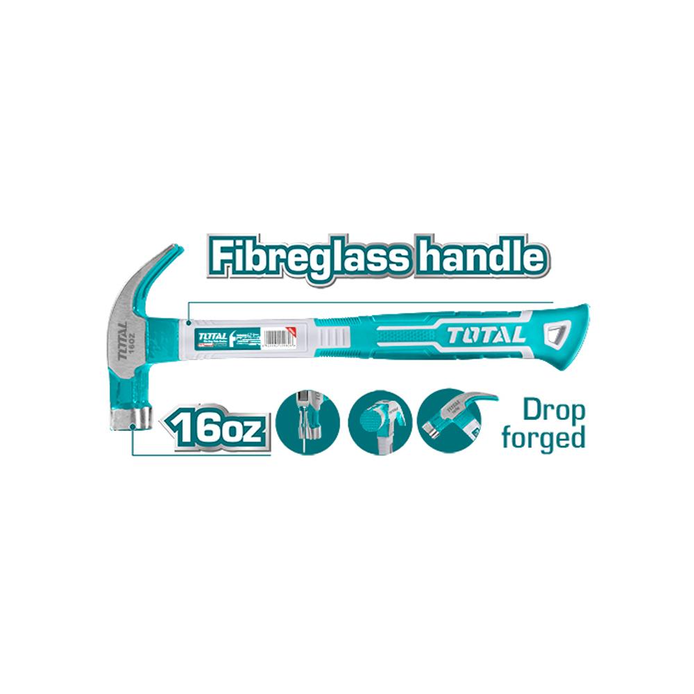 Martillo 16 Oz Industrial Metalico Mango Fibra De Vidrio Total Thtch0166