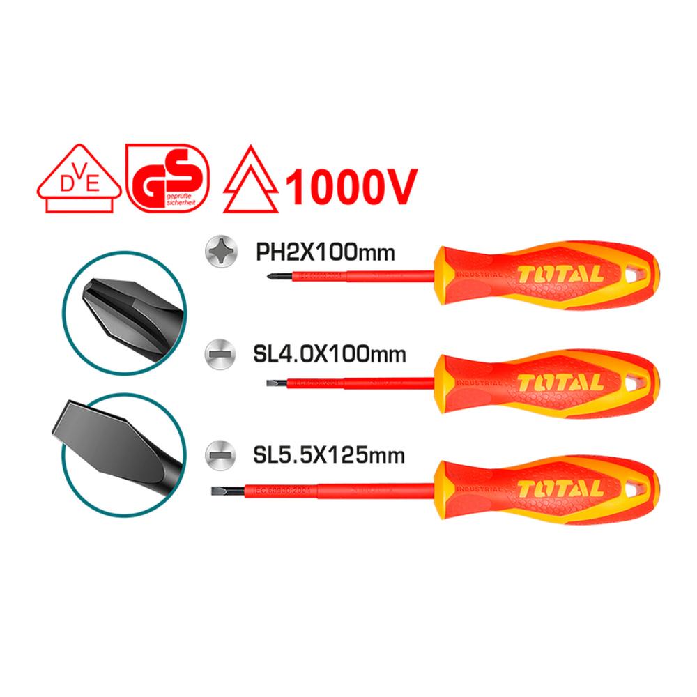 Destornillador Aislado 1000V Industrial Juego X 3 Pzs Total Thtis036