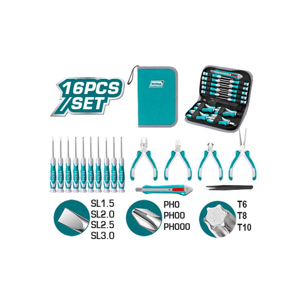 Kit De Herraminetas X 16 Pzs Incluye 10 Destornilladores Relojeros Total Tkttsk0162