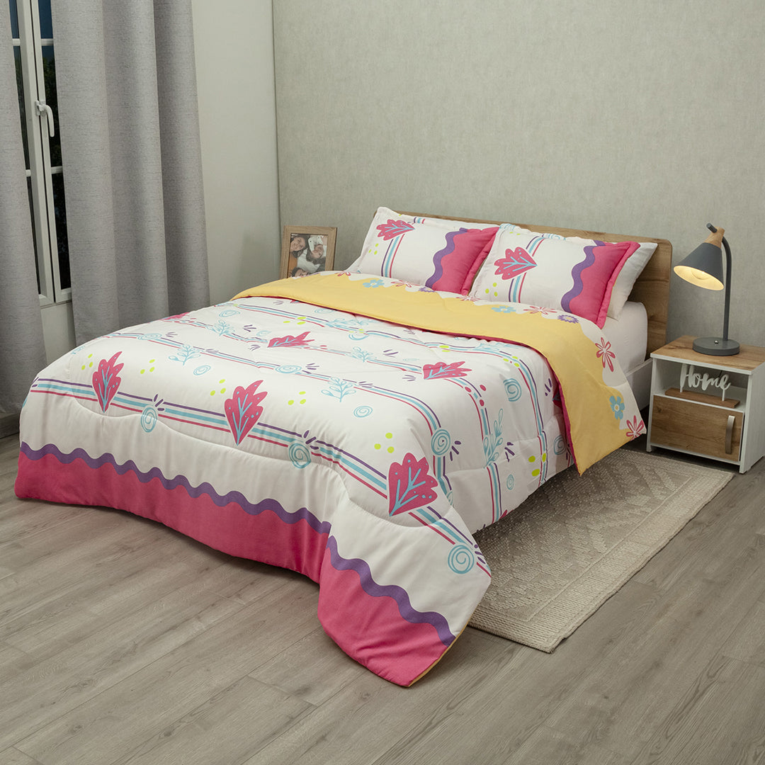 Cubrelecho Semiacolchado Doble Faz Danza Floral En Amarillo Y Fucsia
