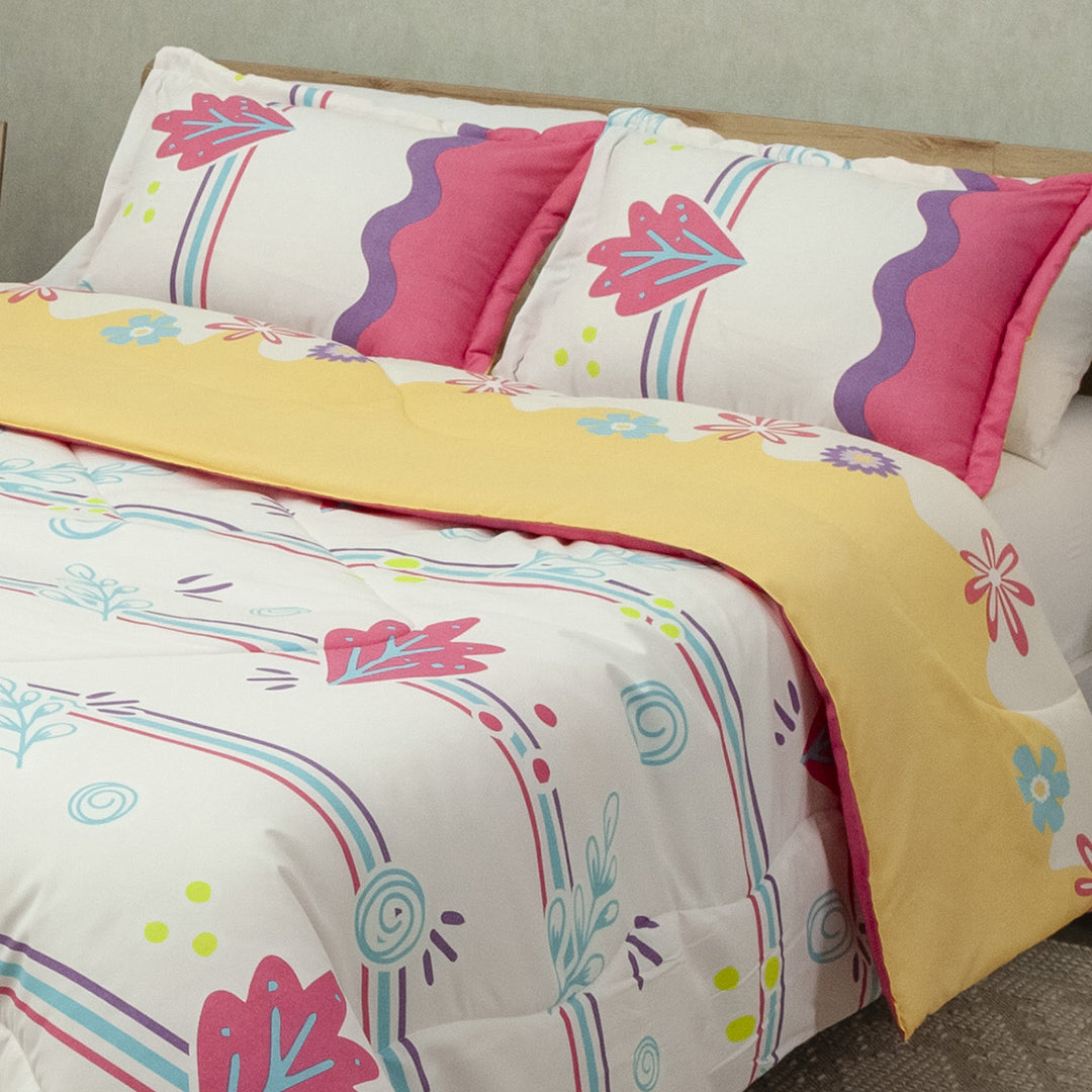 Cubrelecho Semiacolchado Doble Faz Danza Floral En Amarillo Y Fucsia