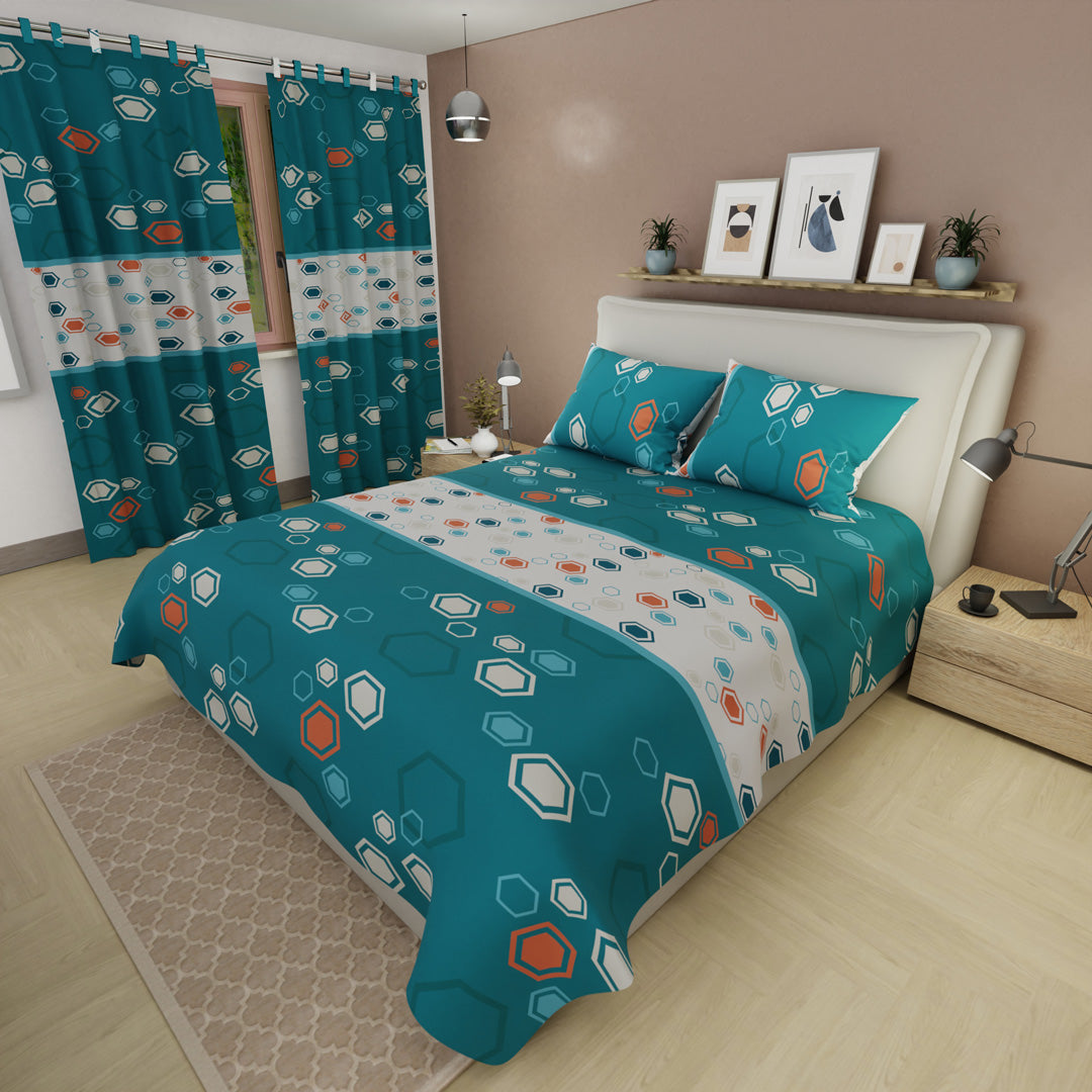 Juego De Sábanas Con Cortinas Mosaico Moderno En Azul