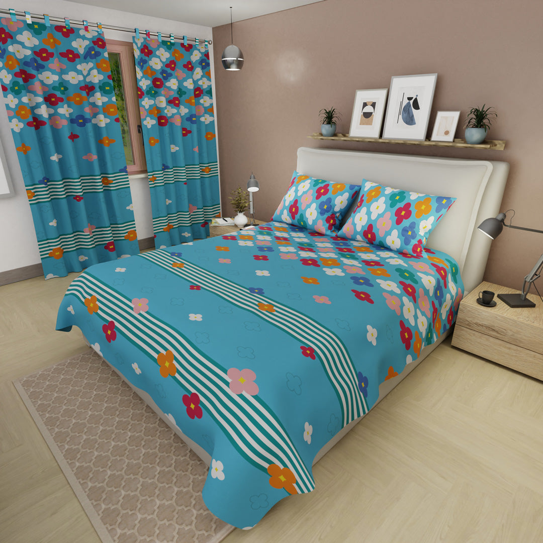 Juego De Sábanas Microfibra Suavizada Fiesta Floral Azul