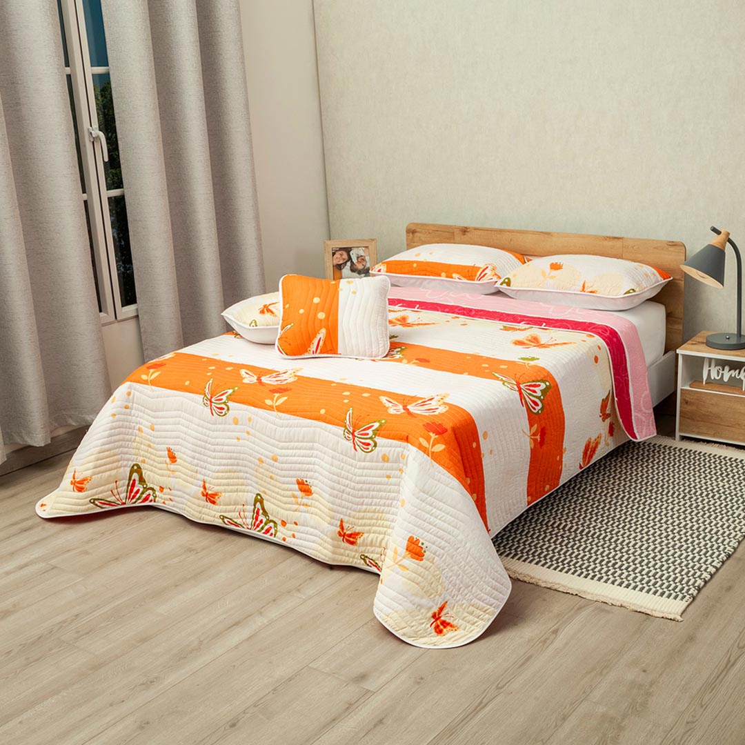 Cubrelecho Estampado Prensado Doble Faz Ala De Primavera Naranja