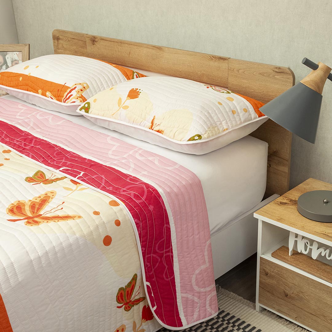 Cubrelecho Estampado Prensado Doble Faz Ala De Primavera Naranja