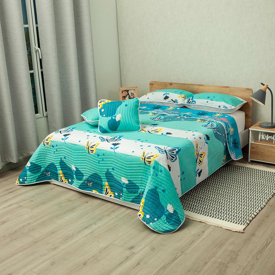 Cubrelecho Estampado Prensado Doble Faz  Líneas Encantadas Azul