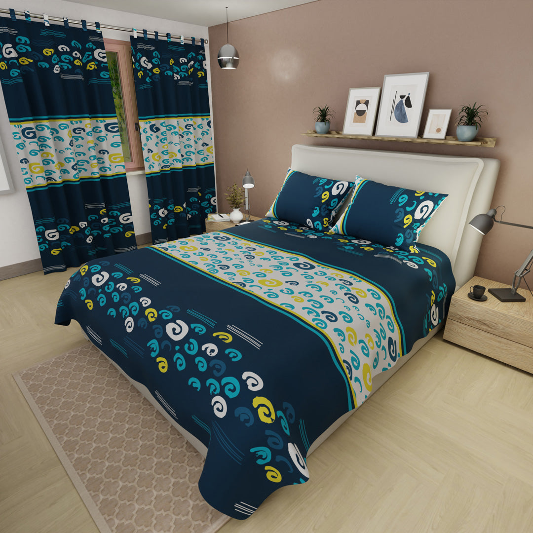 Juego De Sábanas Con Cortinas Vórtice Creativo Azul