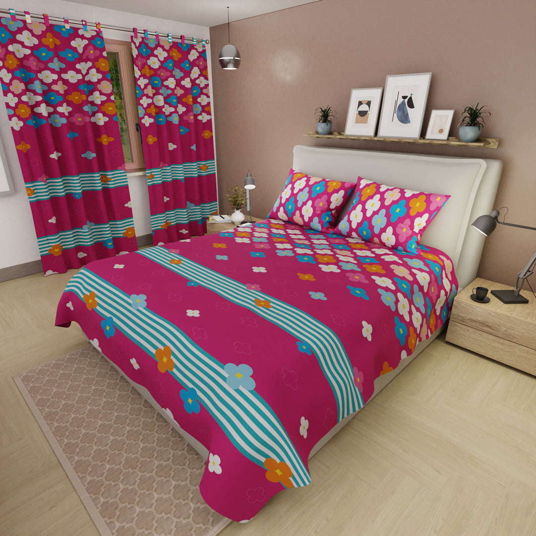 Juego De Sábanas Con Cortinas Fiesta Floral Fucsia