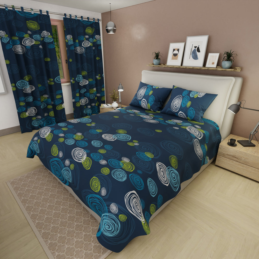 Juego De Sábanas Con Cortinas Ritmo Circular Azul