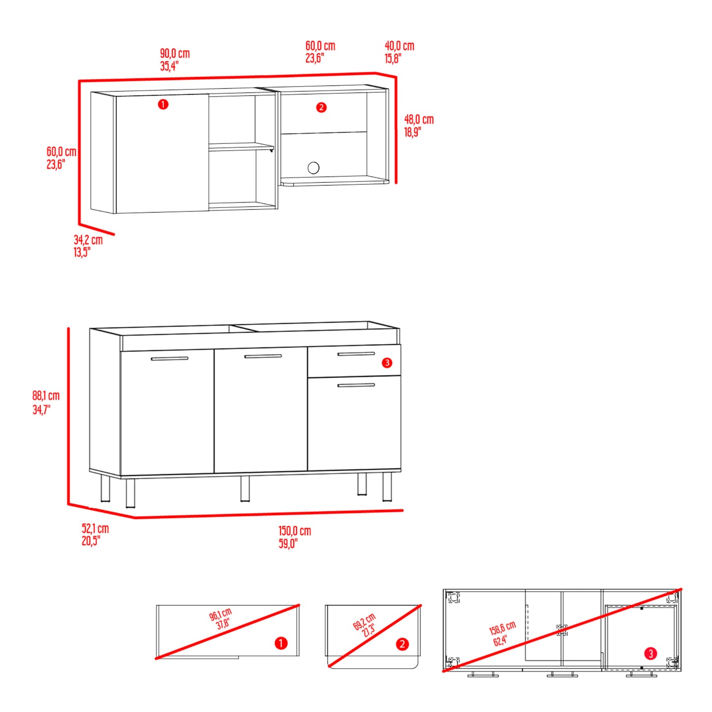 Cocina 150 Sedona 60X150X40 Rta Blanco Mqz Fresno Eu