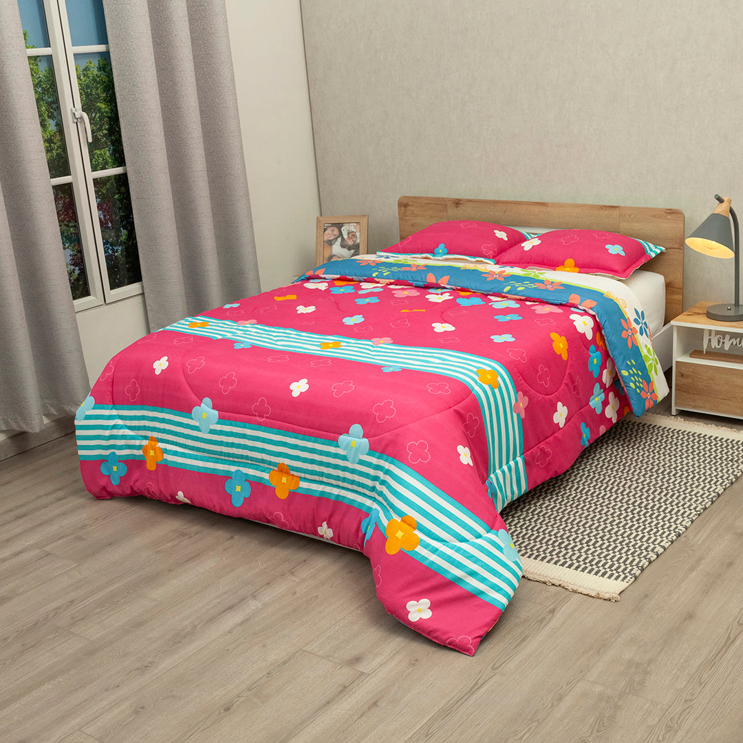 Cubrelecho Semiacolchado Doble Faz Fiesta Floral Fucsia