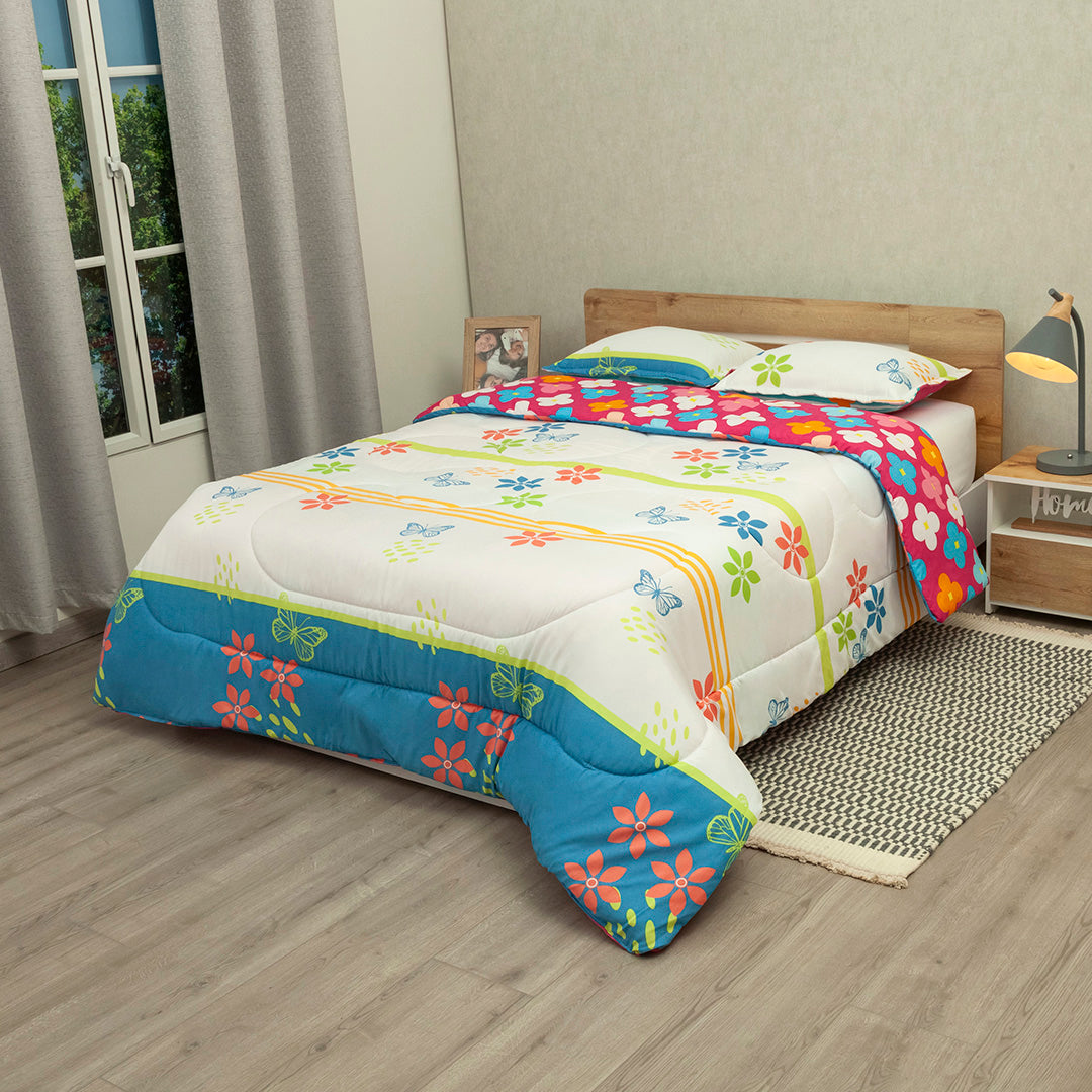 Cubrelecho Semiacolchado Doble Faz Fiesta Floral Fucsia