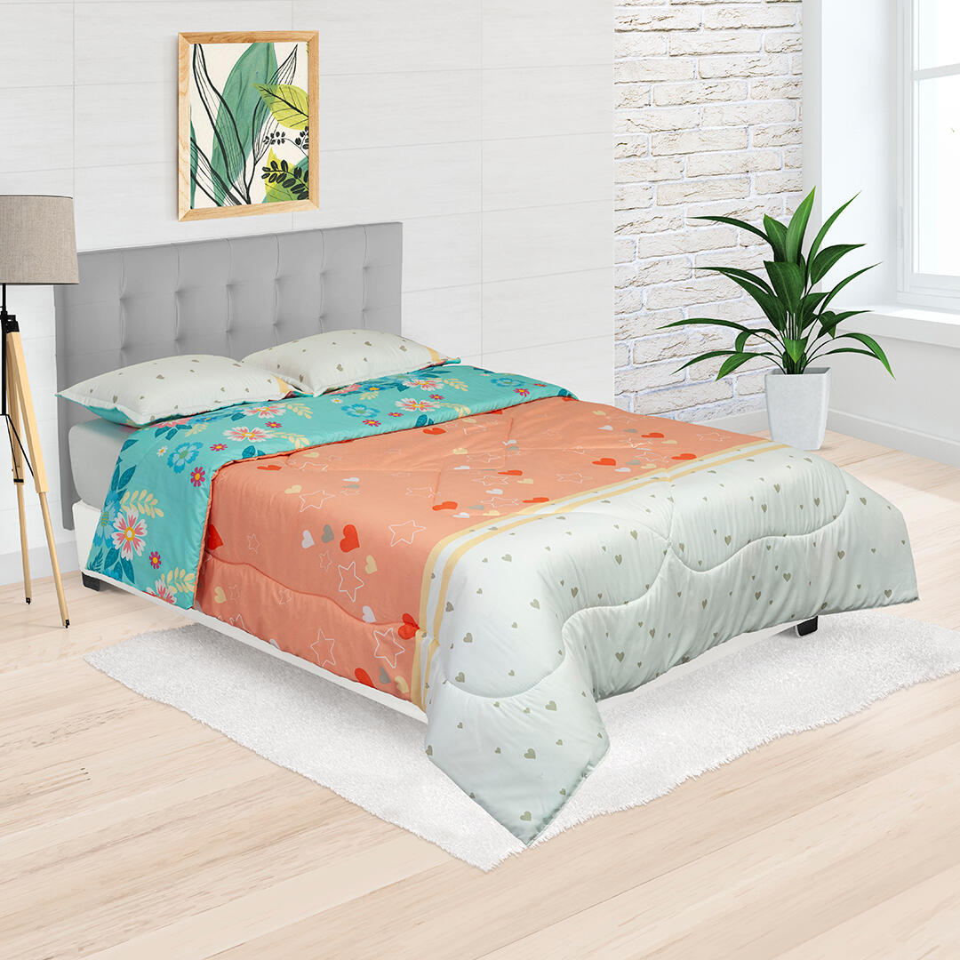 Cubrelecho Semiacolchado Doble Faz Corazones Fondo Salmon Con Blanco