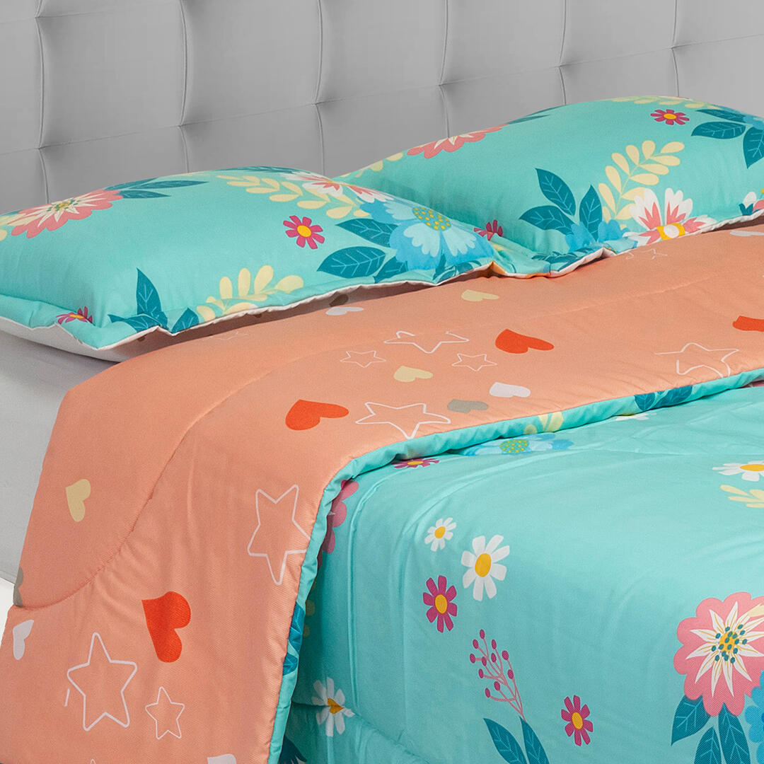 Cubrelecho Semiacolchado Doble Faz Corazones Fondo Salmon Con Blanco