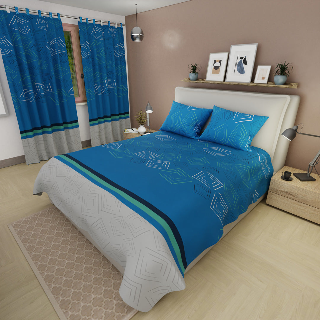 Juego De Sábanas Con Cortinas Trazos Digitales Azul