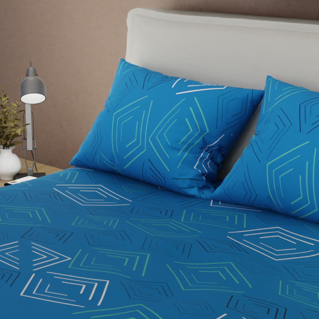 Juego De Sábanas Con Cortinas Trazos Digitales Azul