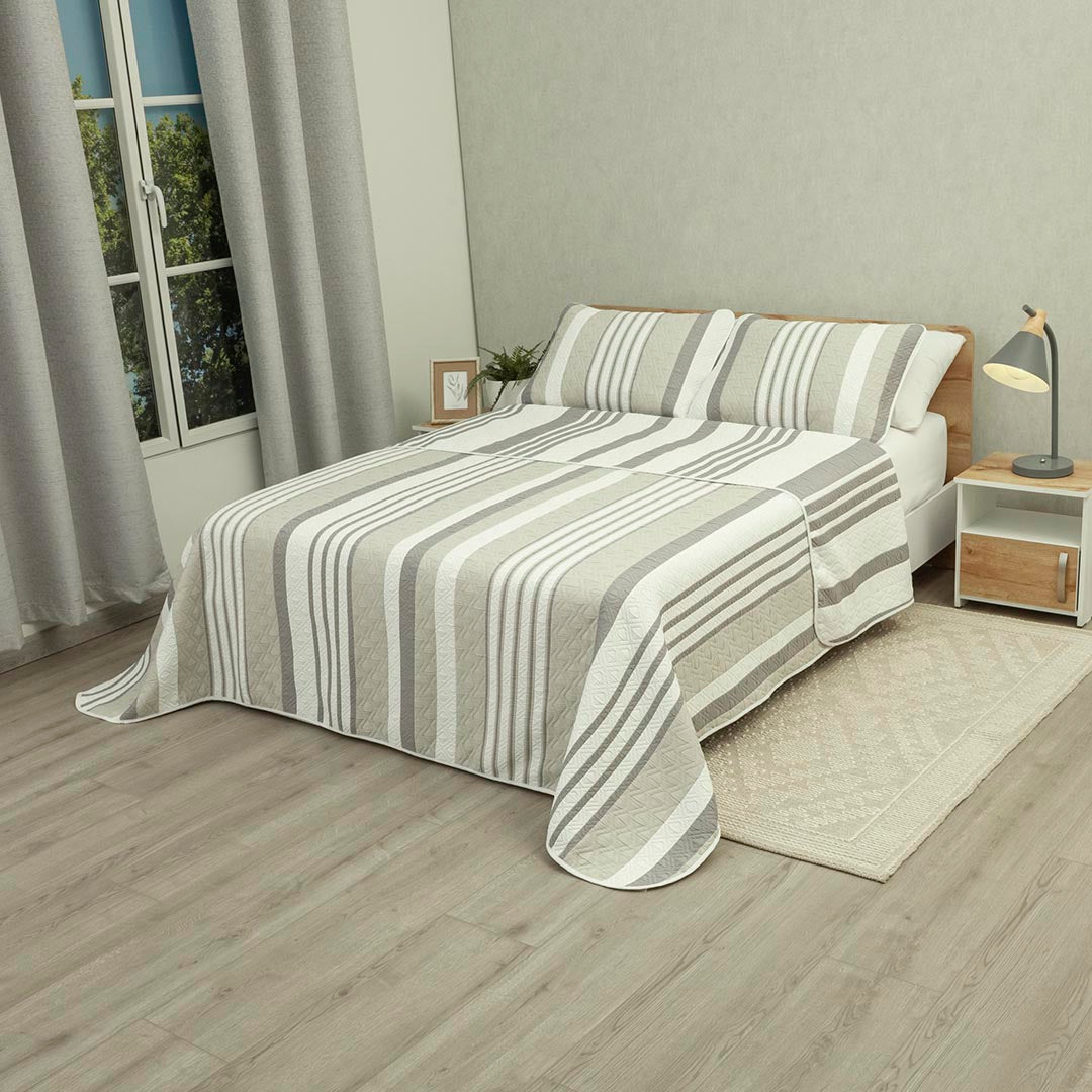 Cubrelecho Prensado Doble Faz Trama Líneas De Vanguardia Gris - Beige