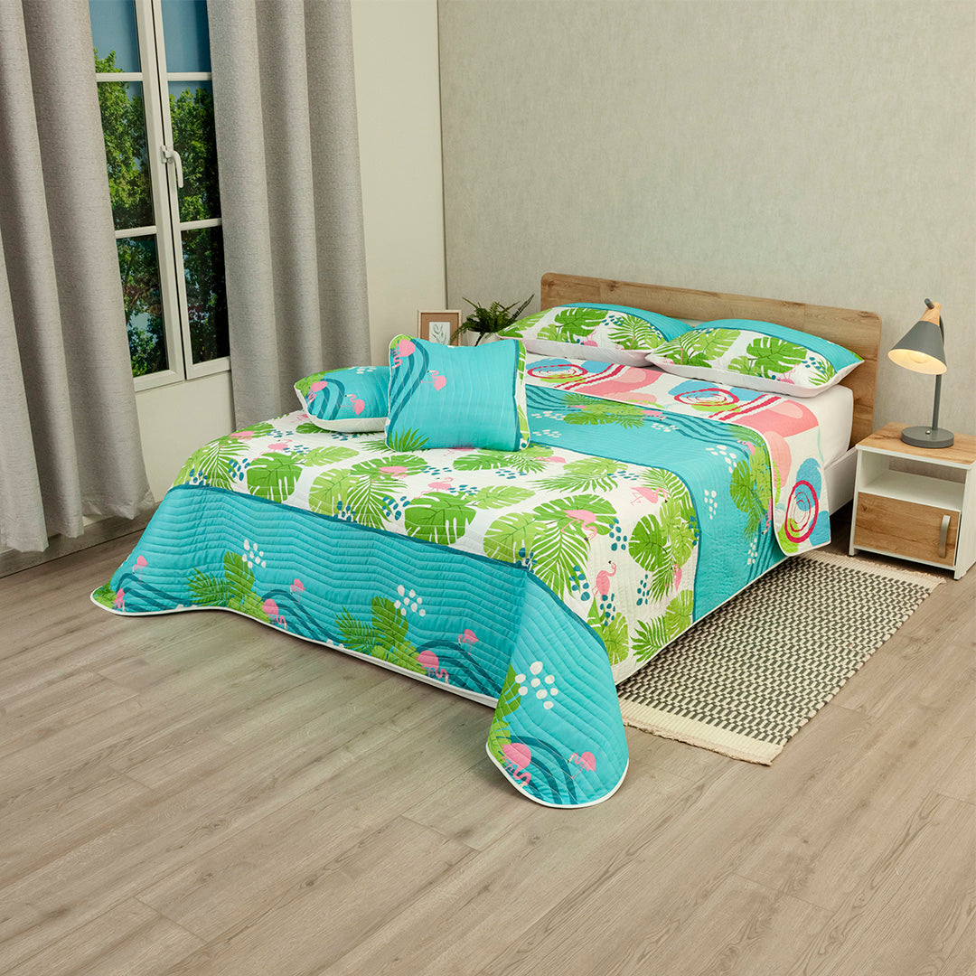 Cubrelecho Estampado Prensado Doble Faz Jardín Caribeño