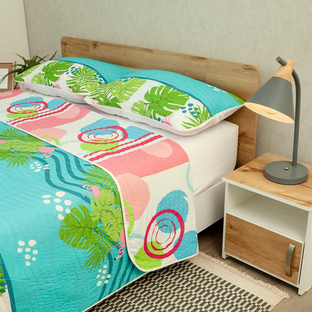Cubrelecho Estampado Prensado Doble Faz Jardín Caribeño