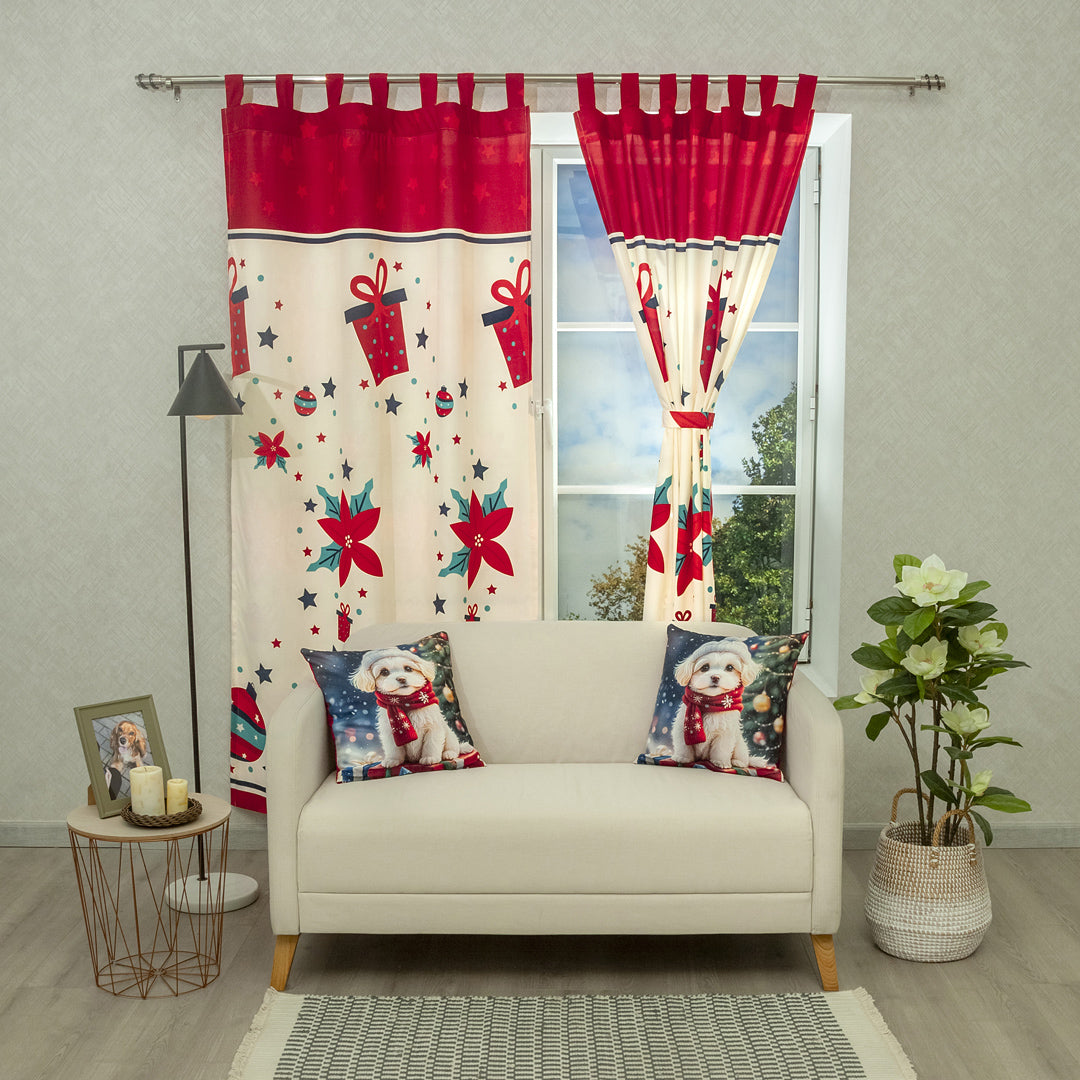 Cortina Navideña Regalos De Navidad Flor Fondo Rojo Y Blanco Hueso