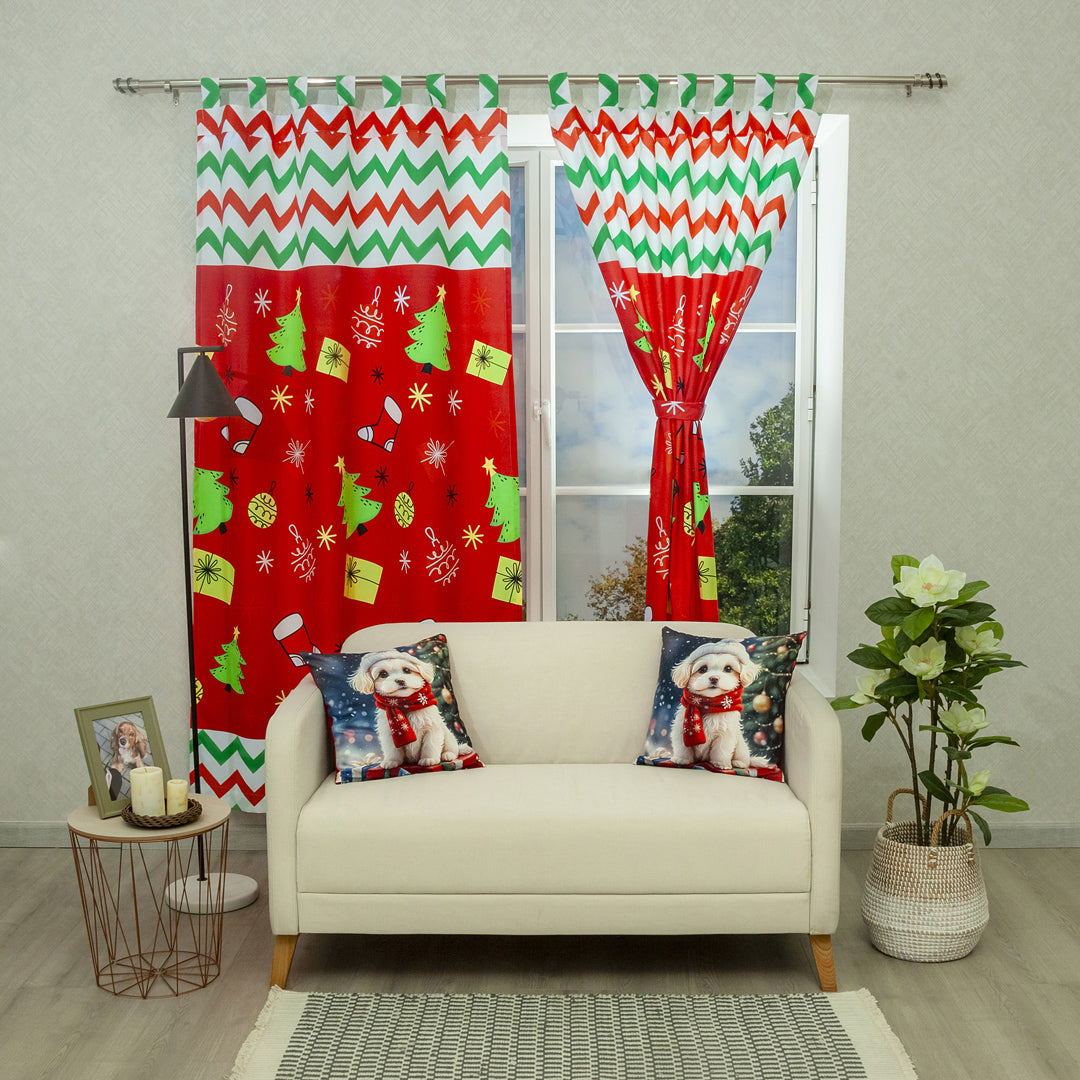 Cortina Navideña Arboles De Navidad Botas Fondo Rojo Con Rayas Verdes