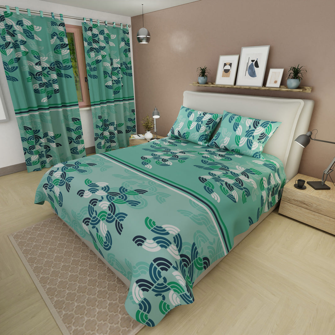 Juego De Sábanas Con Cortinas  Bosque Acuático Verde