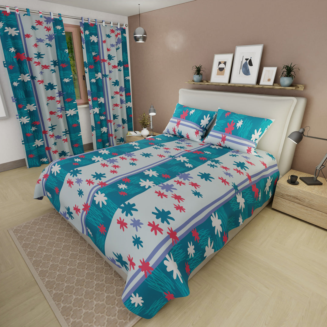Juego De Sábanas Con Cortinas Ensoñación Floral Turquesa