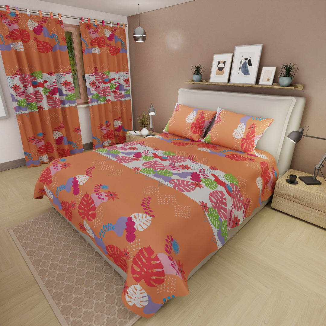 Juego De Sábanas Con Cortinas Tropical Naranja