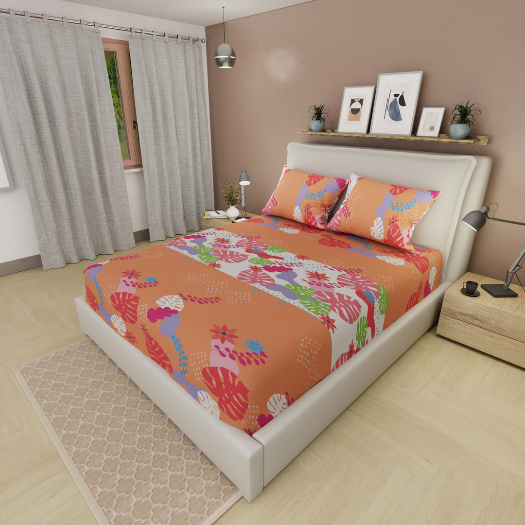 Juego De Sábanas Con Cortinas Tropical Naranja