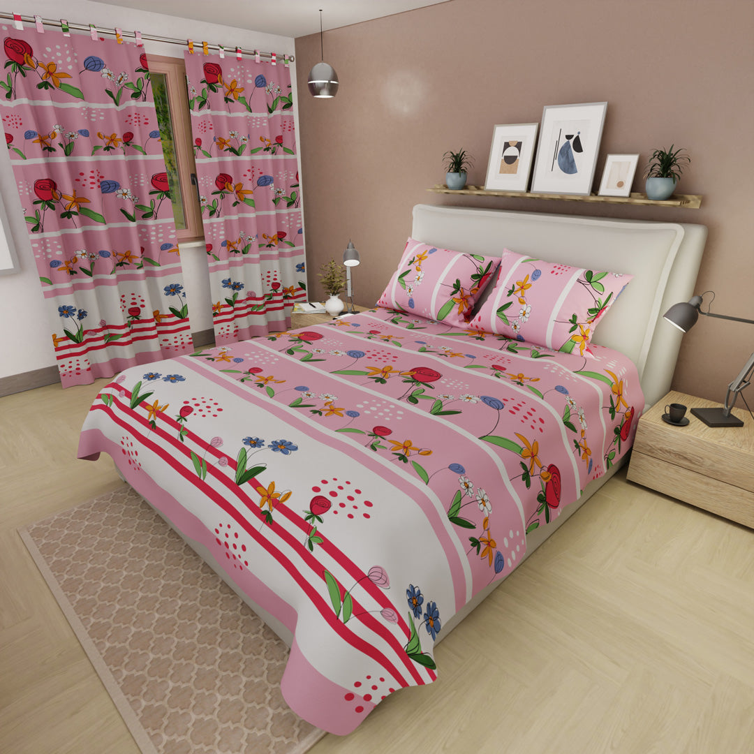 Juego De Sábanas Con Cortinas Alegoría Floral Rosa