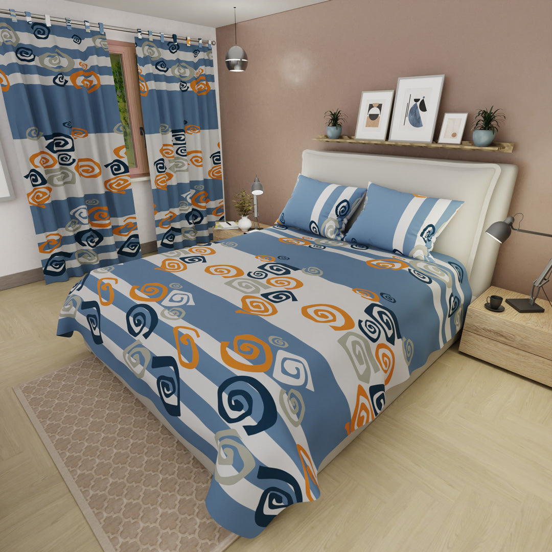Juego De Sábanas Con Cortinas  Giros De Fantasía Azul