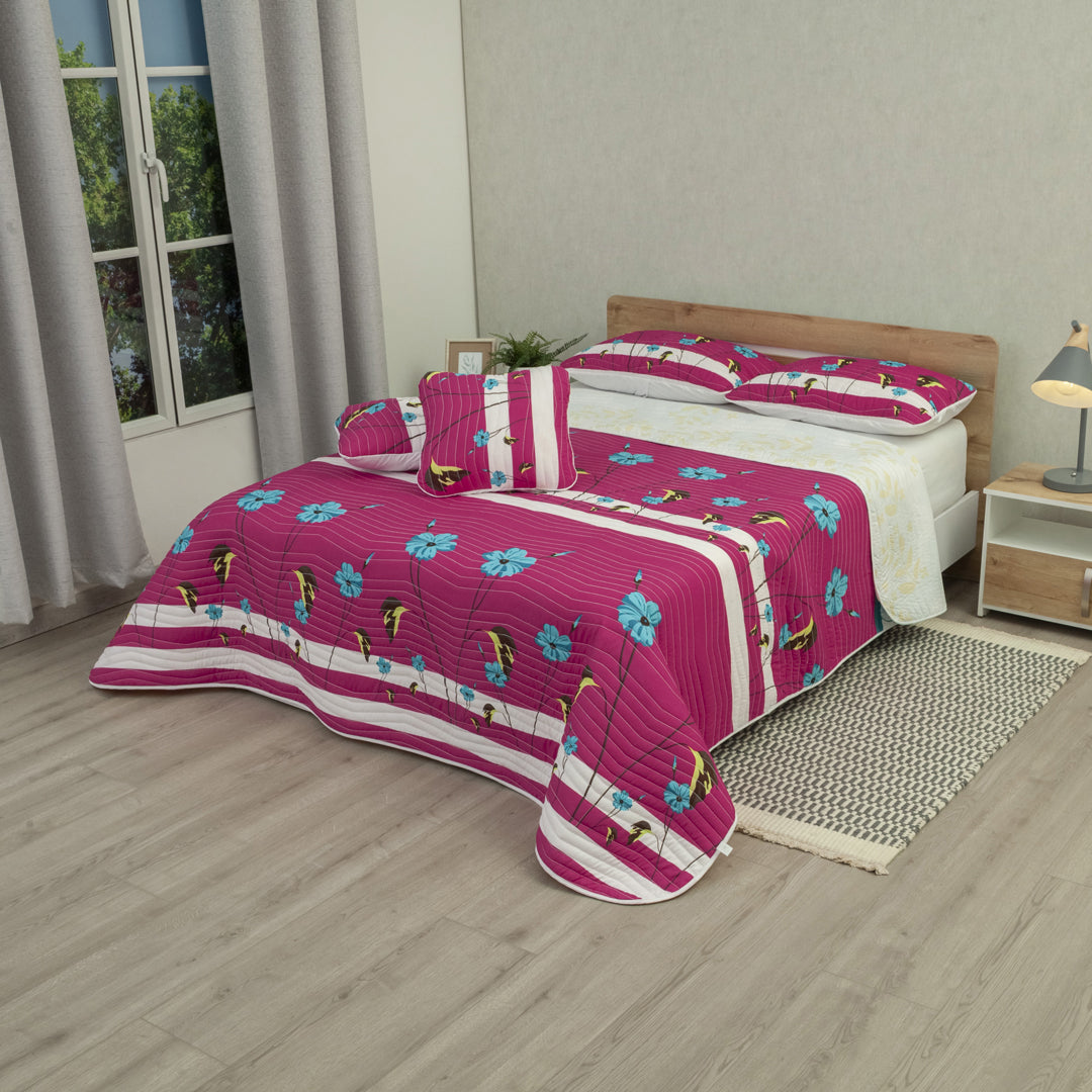 Cubrelecho Estampado Prensado Doble Faz Canto Tropical Fucsia
