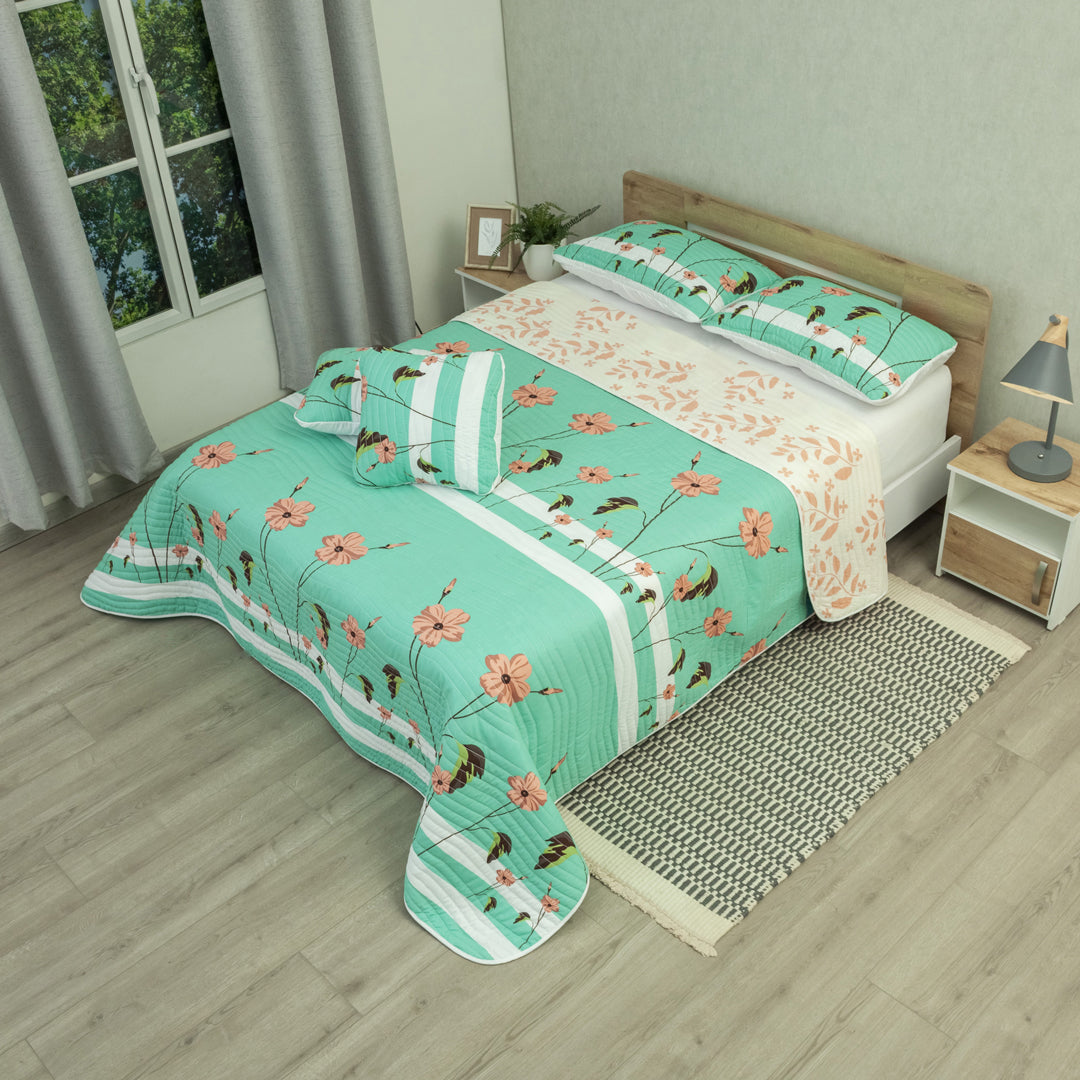 Cubrelecho Estampado Prensado Doble Faz Canto Tropical Aguamarina