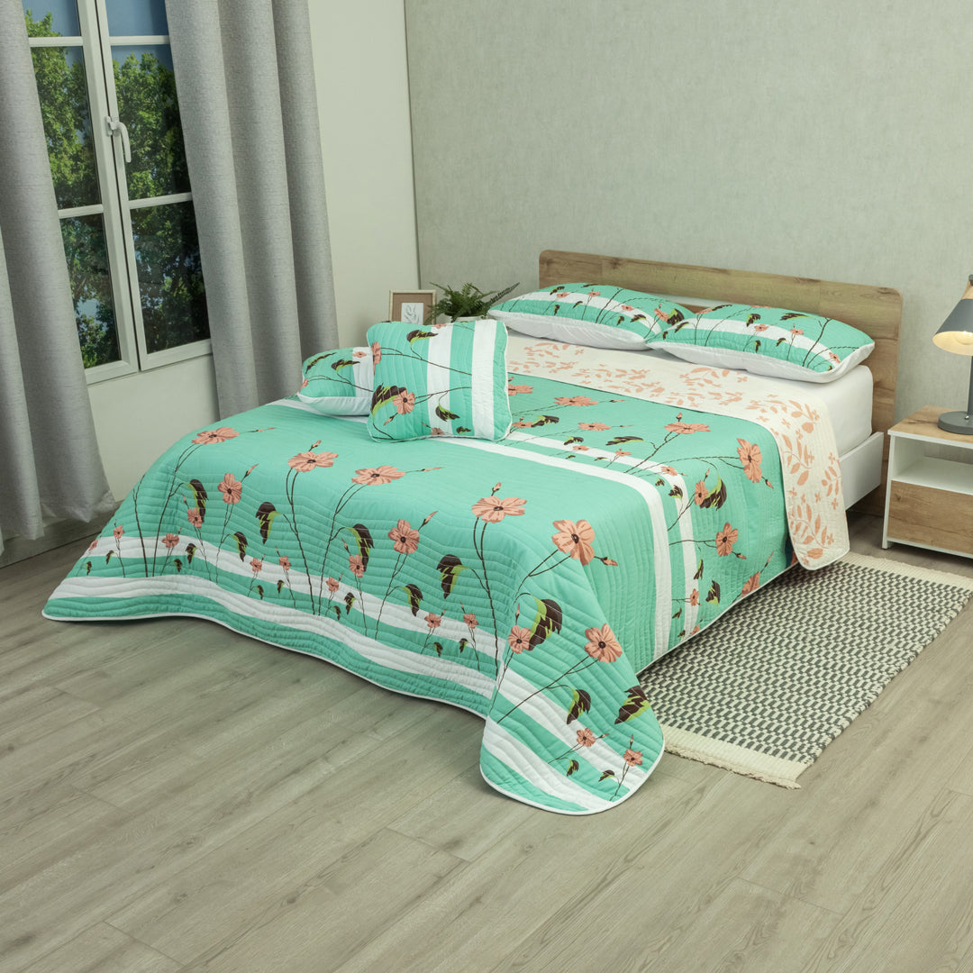 Cubrelecho Estampado Prensado Doble Faz Canto Tropical Aguamarina