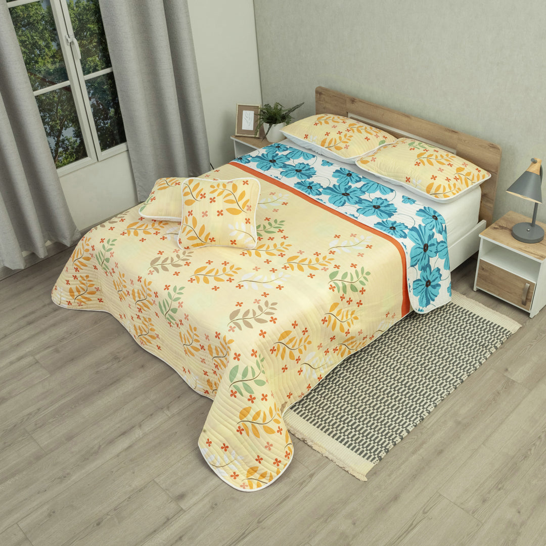 Cubrelecho Estampado Prensado Doble Faz Canto Tropical Aguamarina