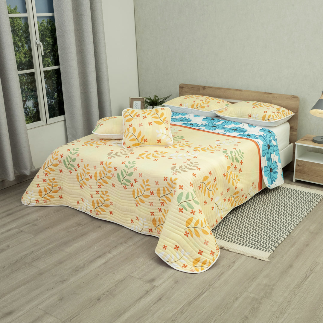 Cubrelecho Estampado Prensado Doble Faz Canto Tropical Aguamarina