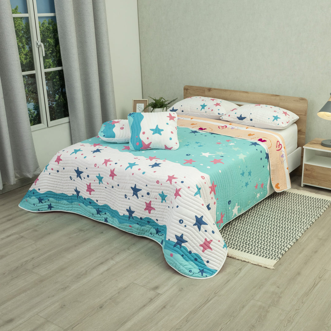 Cubrelecho Estampado Prensado Doble Faz Mar Estrellado