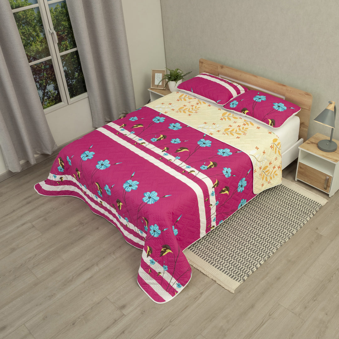 Cubrelecho Doble Faz Termosellado Canto Tropical Fucsia