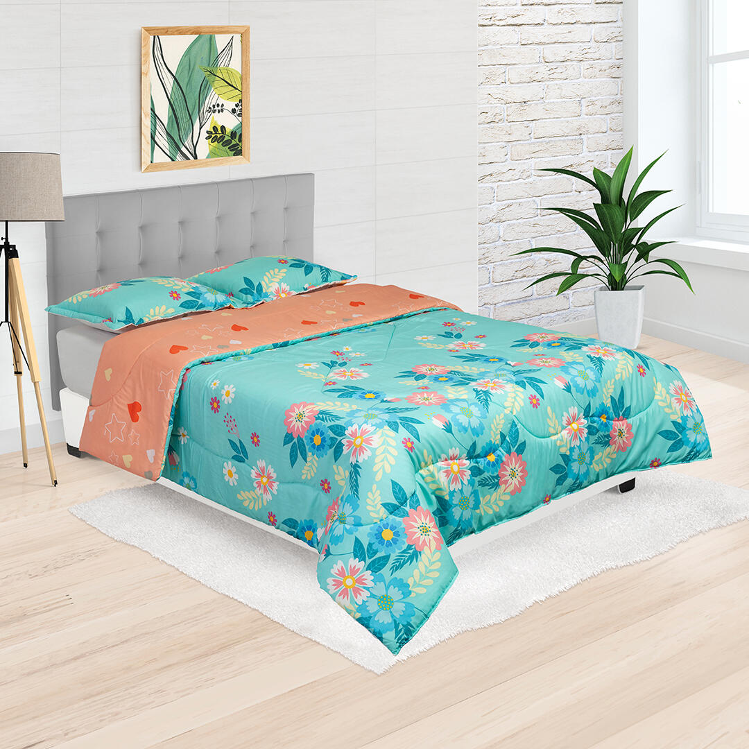 Cubrelecho Semiacolchado Doble Faz Corazones Fondo Salmon Con Blanco