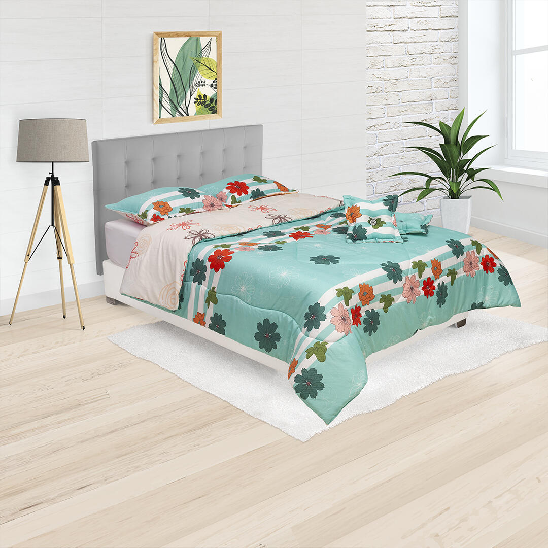 Cubrelecho Super Acolchado Fondo Aguamarina Con Flores Ultra Suave