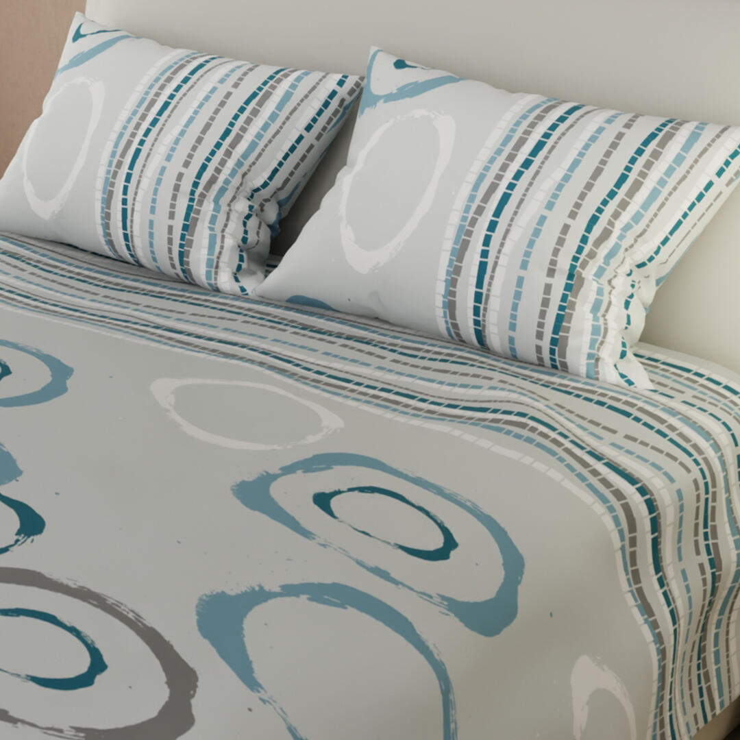 Juego De Sábanas Con Cortinas Círculos Blancos Azul Fondo Gris Claro