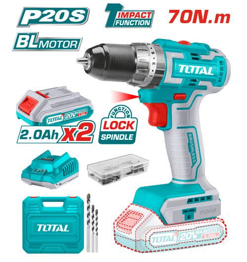 Taladro Inalambrico 213 20V Incluye 2 Bateria 20Ah 1Cargador Y 50 Accesorios Motor Sin Escobillas Caja Plastica Industrial Totalutidli20605