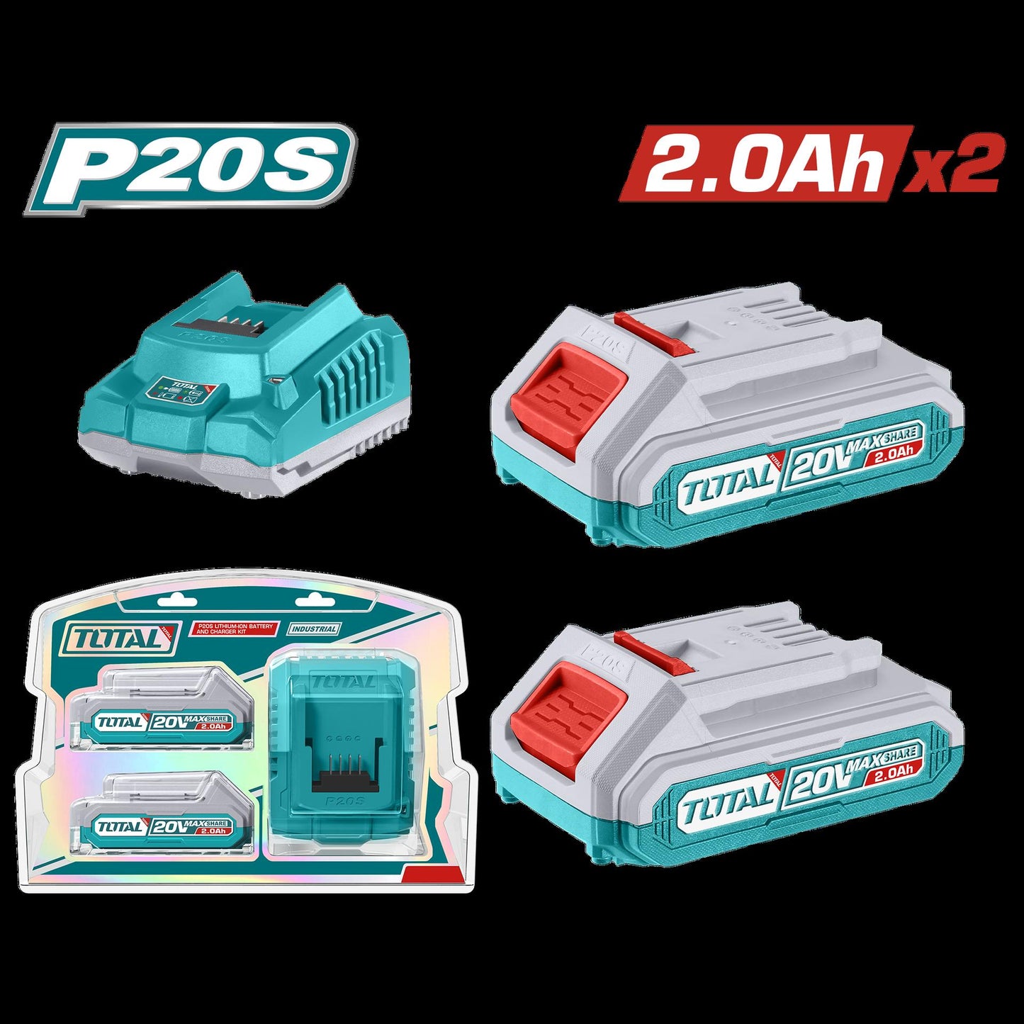 Kit De 2 Baterias 20Ah  Cargador De 20V Industrial Total Utfbcpk1222