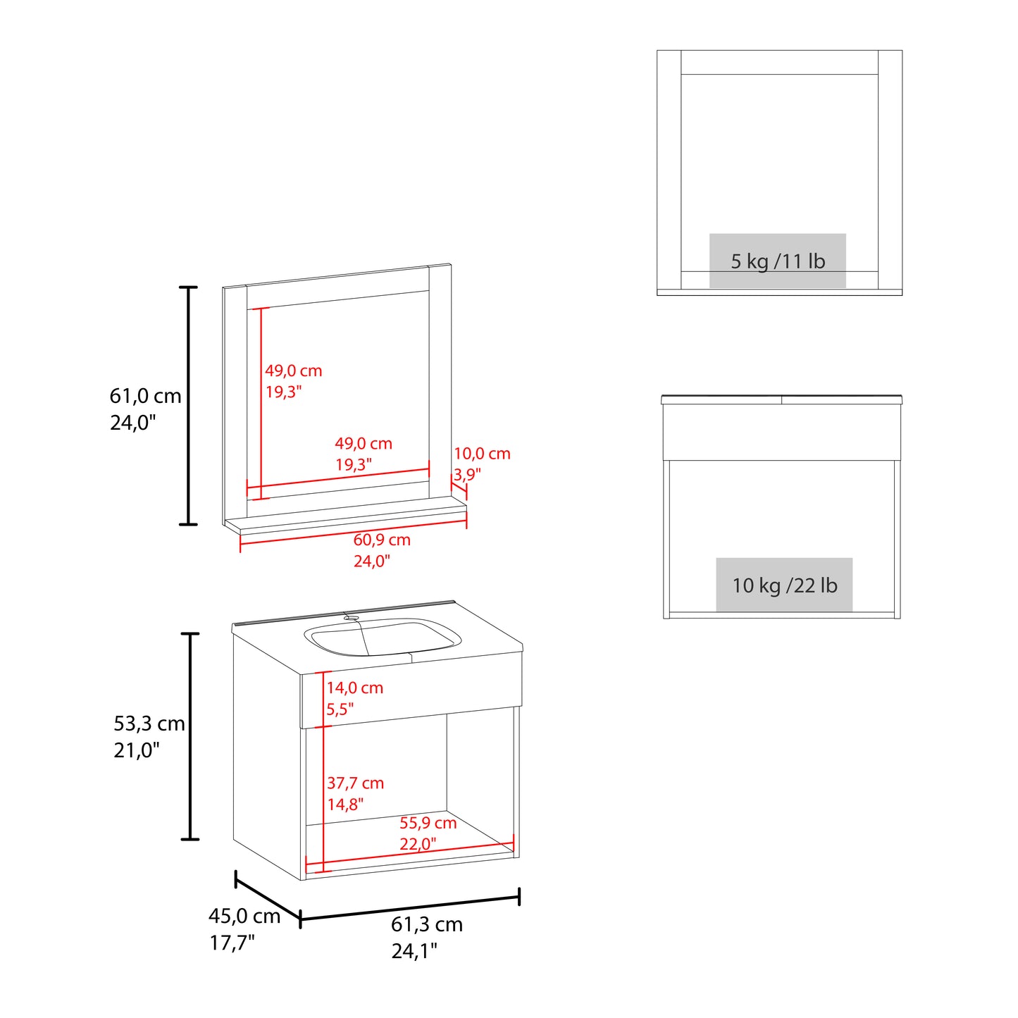Set Mueble De Baño Blake + Espejo 53X61X45 Rta Blanco Mqz Zf