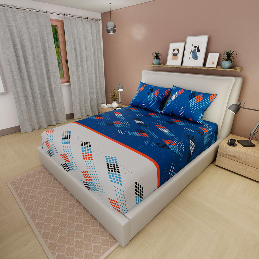Sábana Ajustable Geometría Pixeleada Fondo Azul Con Blanco Lìnea Naranja Práctica