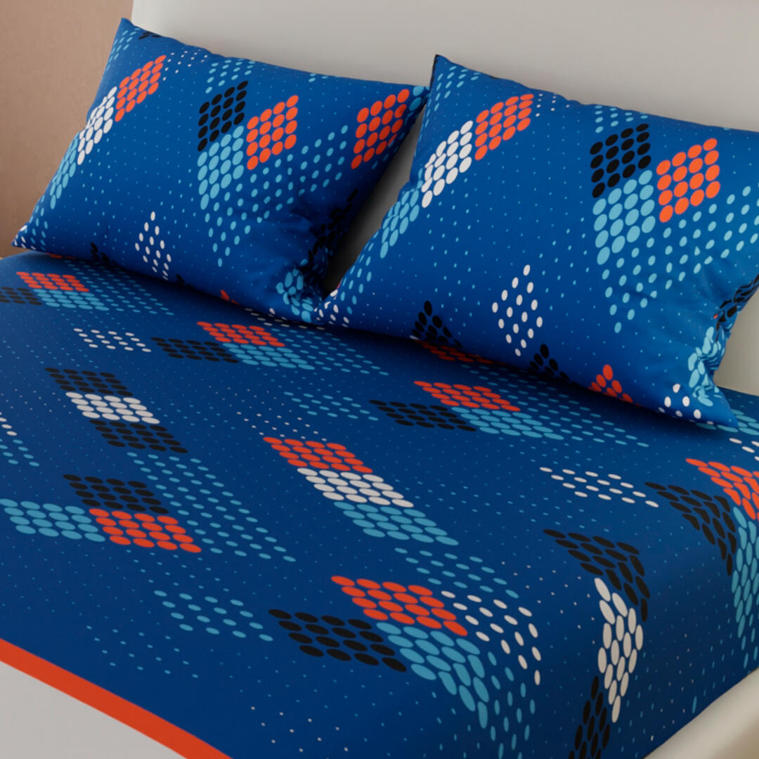 Sábana Ajustable Geometría Pixeleada Fondo Azul Con Blanco Lìnea Naranja Práctica