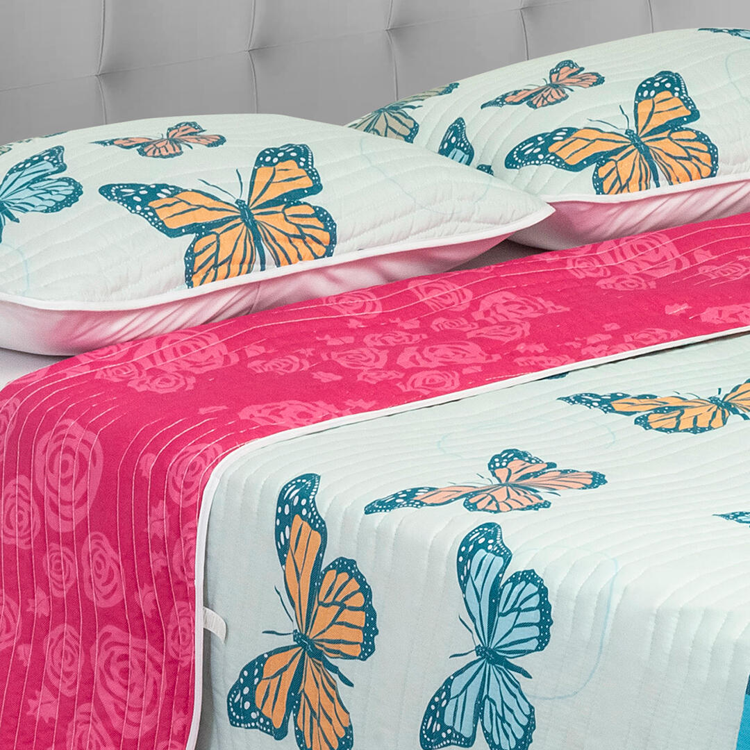 Cubrelecho Estampado Prensado Doble Faz Fucsia Blanco Mariposas