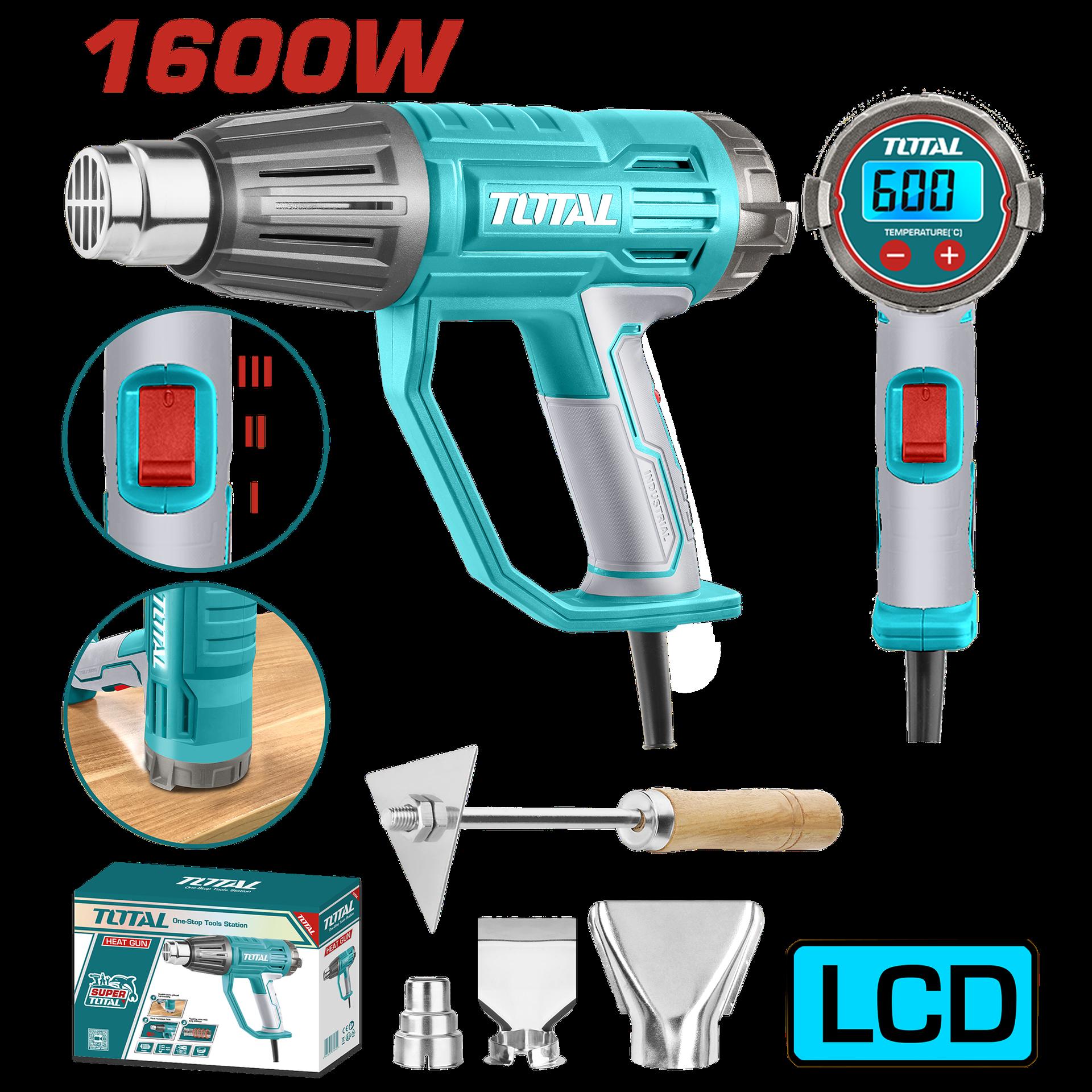 Pistola Calor Con Temperatura Ajustable Pantalla Lcd 1600W  Incluye 3 Boquillas Y 1 Rascador  Industrial Total Utb16056